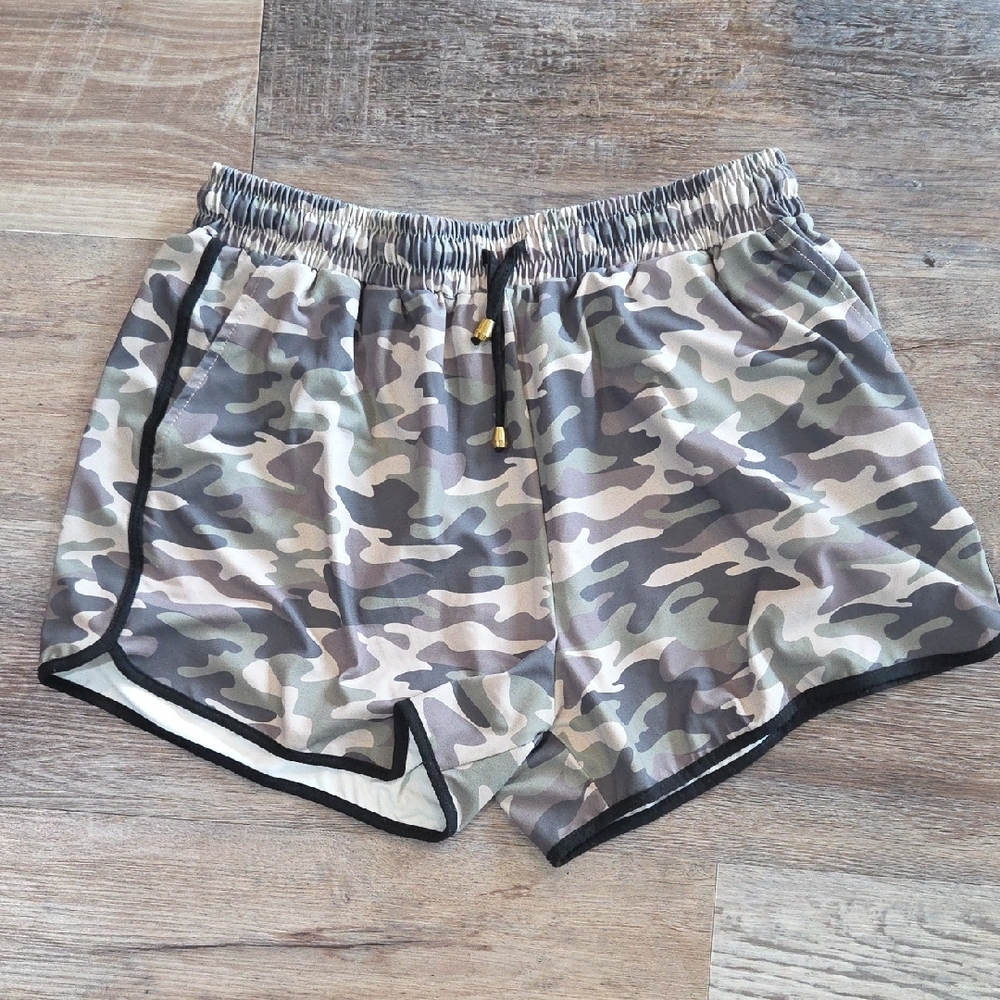 Green and Brown Athletic Shorts with Elastic Waistband